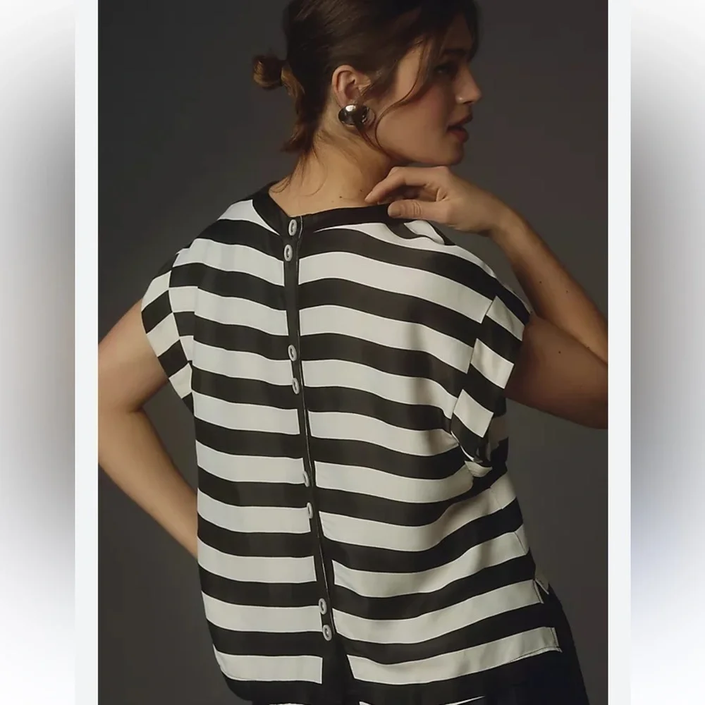 Anthropologie Maeve Batwing Button-Back Tee Top Black & White Striped Sz Small - Picture 2 of 9
